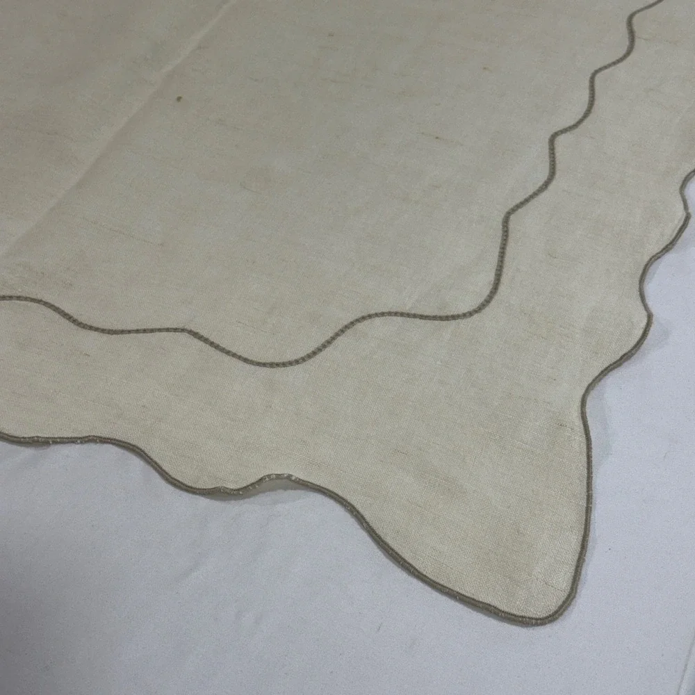 Vintage Linen Tablecloth Scalloped Edge Oatmeal Rectangular 56x74 Taupe Trim